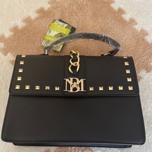 Badgley Mischka Studded Top Handle Bag- black vegan leather, gold hardware, NWT